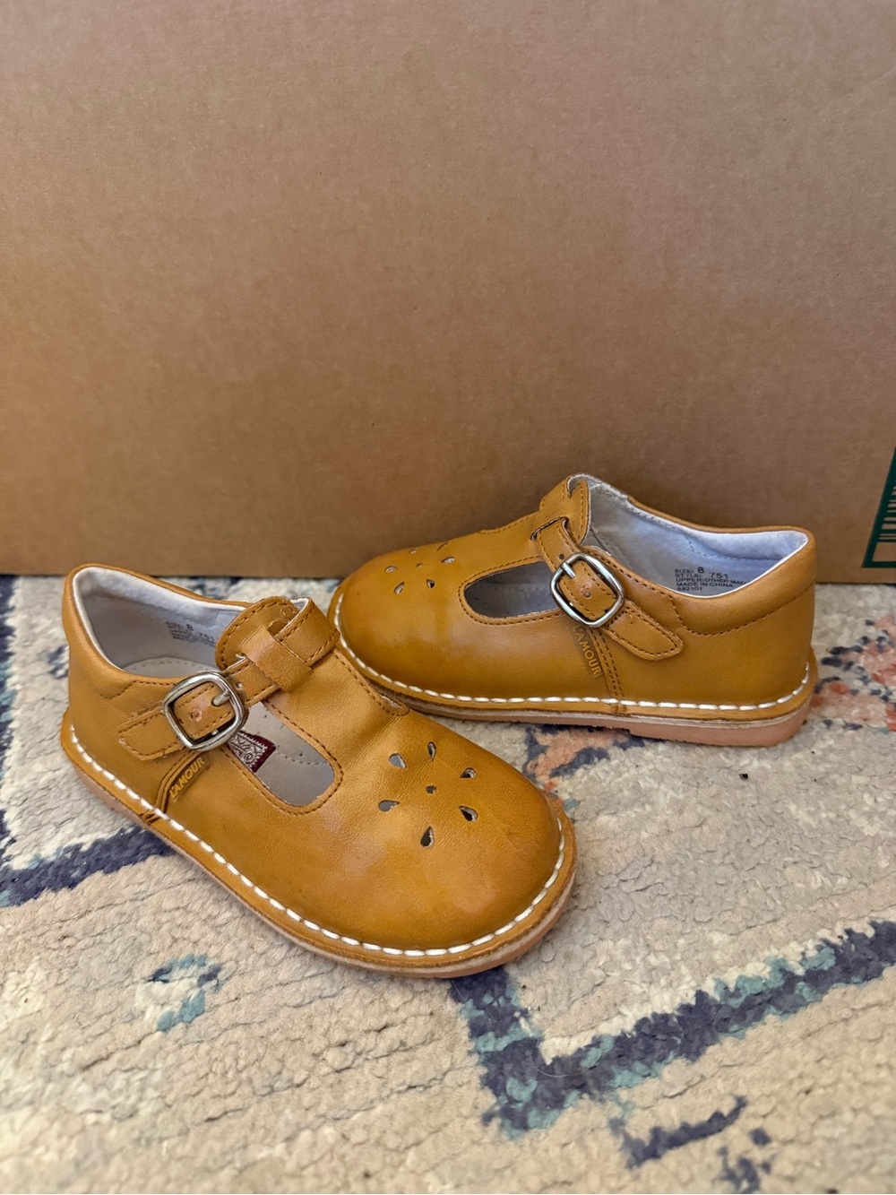 L’Amour Kids Leather T-Strap Shoes in Tan - Classic Buckle Style